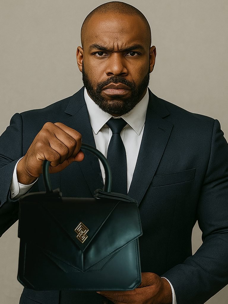 A bodyguard model holding the Black Italian leather Miacontessa Intramontabile handbag featuring a unique origami style geometric, folded design.