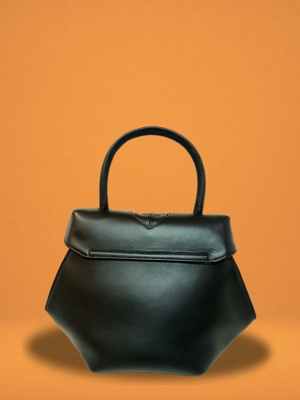 Back view of Miacontessa Amore origami style handbag in obsidian black Italian leather, highlighting its unique, folded design that creates an illusionary or artful aesthetic.