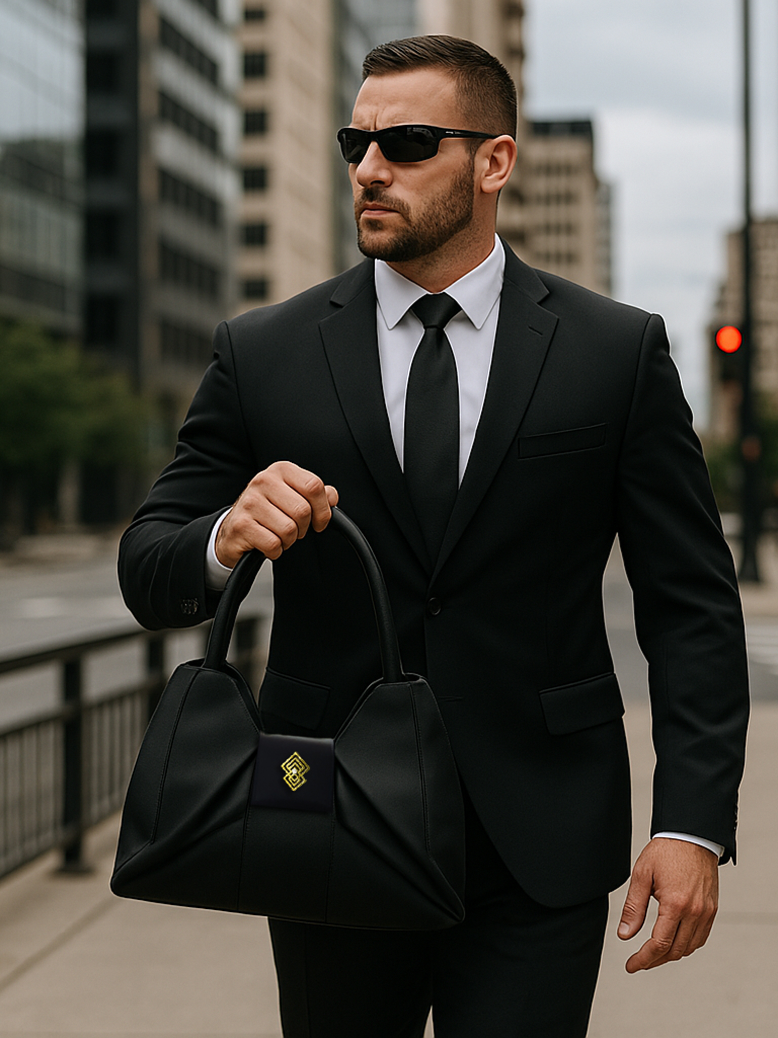 Bodyguard holding a Miacontessa DEA origami style handbag in obsidian black Italian leather, highlighting its unique, folded design that creates an illusionary or artful aesthetic.
