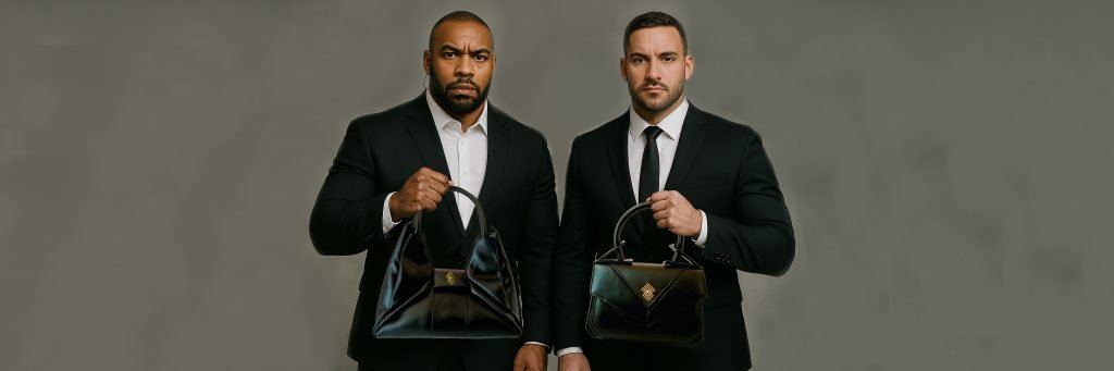 2 Bodyguards hold a Miacontessa DEA and Intramontabile origami style handbags in obsidian black Italian leather, highlighting its unique, folded design that creates an illusionary or artful aesthetic.