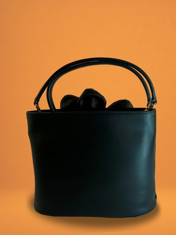 Back view of Miacontessa Florella origami style handbag in obsidian black Italian leather, highlighting its unique, folded design that creates an illusionary or artful aesthetic.