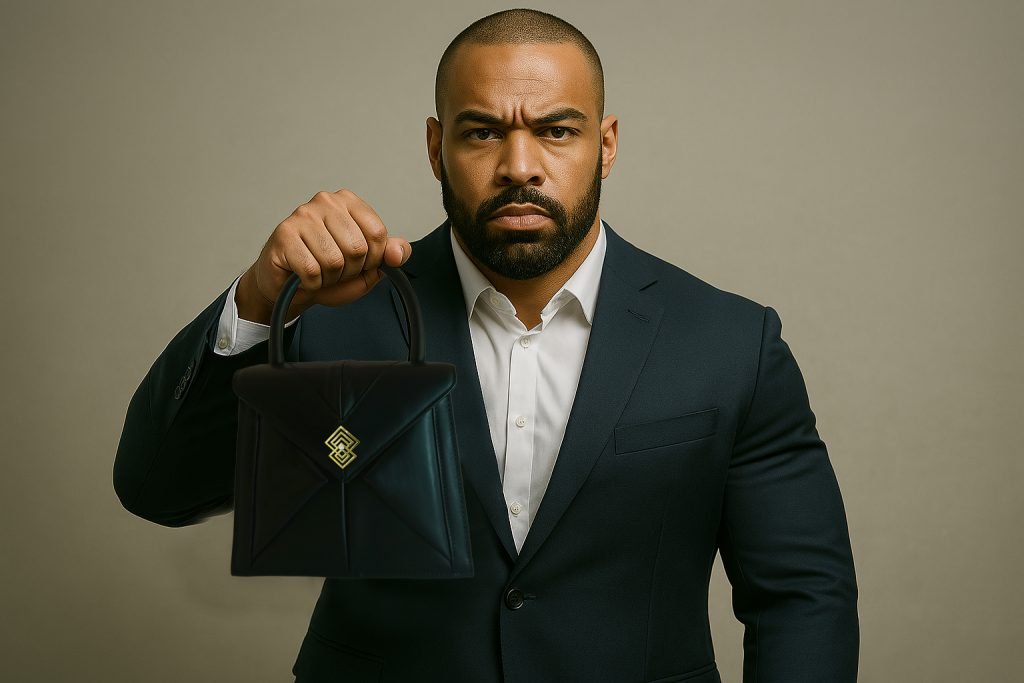Bodyguard holding a Miacontessa Magia origami style handbag in obsidian black Italian leather, highlighting its unique, folded design that creates an illusionary or artful aesthetic.