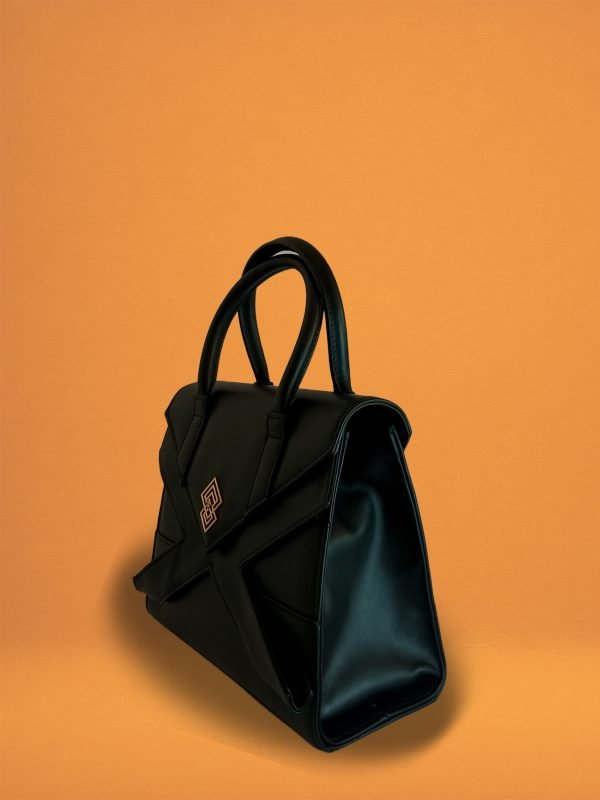 Frontal Side view of Miacontessa Vita origami style handbag in obsidian black Italian leather, highlighting its unique, folded design that creates an illusionary or artful aesthetic.