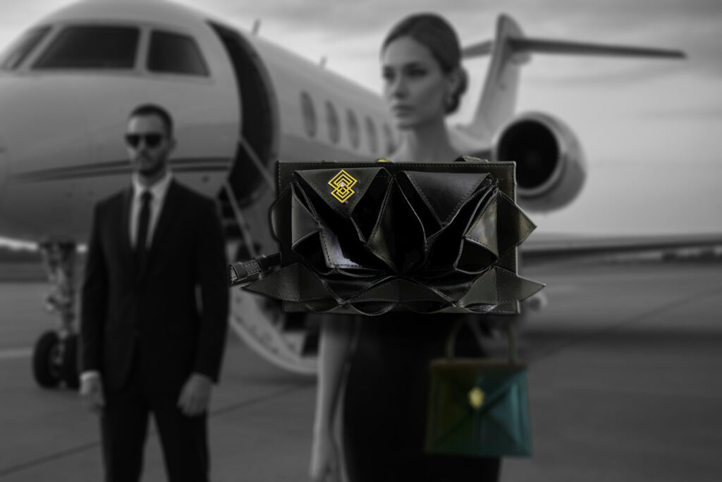 The New Luxury Lifestyle: From Private Jets to Sustainable Luxury Handbags 3 Model on the runway holding a Miacontessa bag with a bodyguard watching — symbolizing the New Luxury Lifestyle and the rise of sustainable luxury handbags.