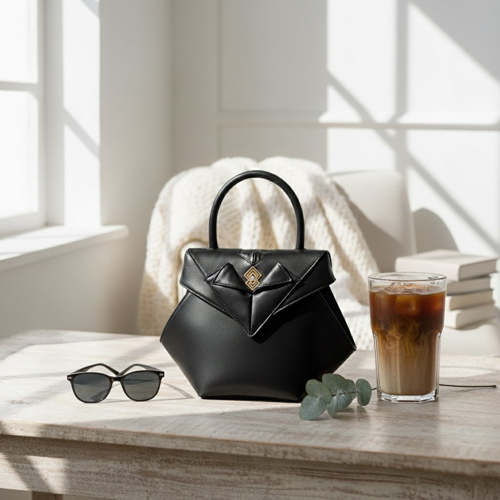 Amore luxury handbag by Mia Contessa in sculptural black leather, displayed on a wooden table with sunglasses and iced coffee in soft natural light