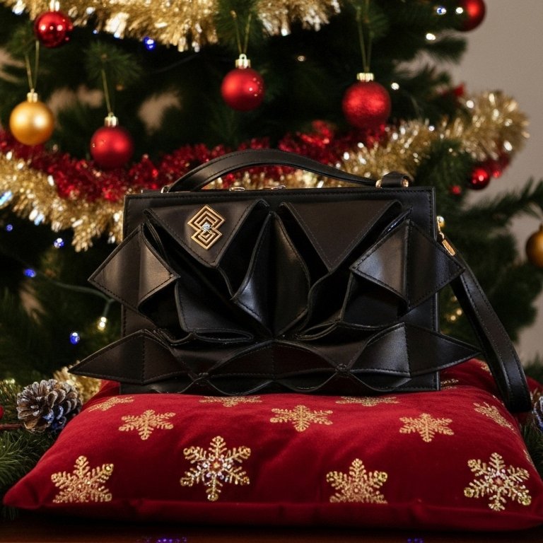 Holiday Arte black designer handbag by Mia Contessa, sculptural folds and gold logo, styled with champagne, candles, and festive Christmas decor.