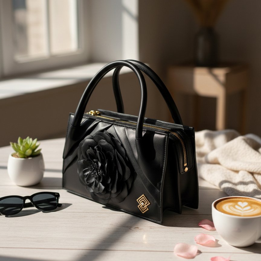 Florella Rosa luxury handbag by Mia Contessa in black leather with floral motif, displayed beside sunglasses, a latte, and pink rose petals in soft sunlight.