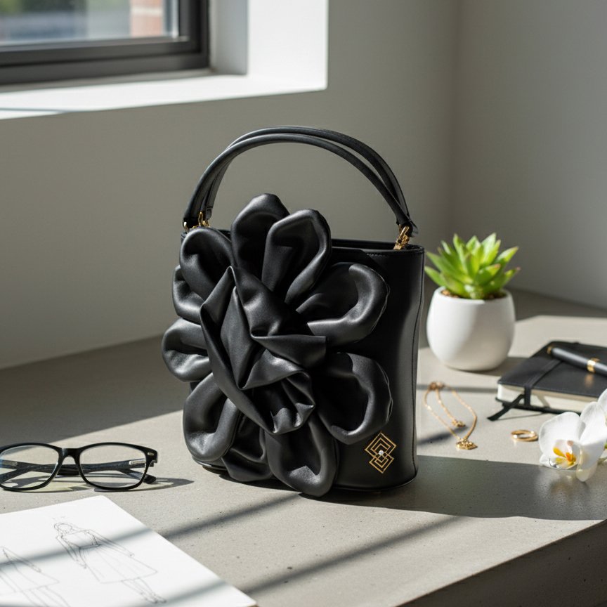 Black Florella luxury handbag by Mia Contessa, sculpted in a dramatic floral shape, displayed on a minimalist gray surface beside glasses, jewelry, and a sketch.