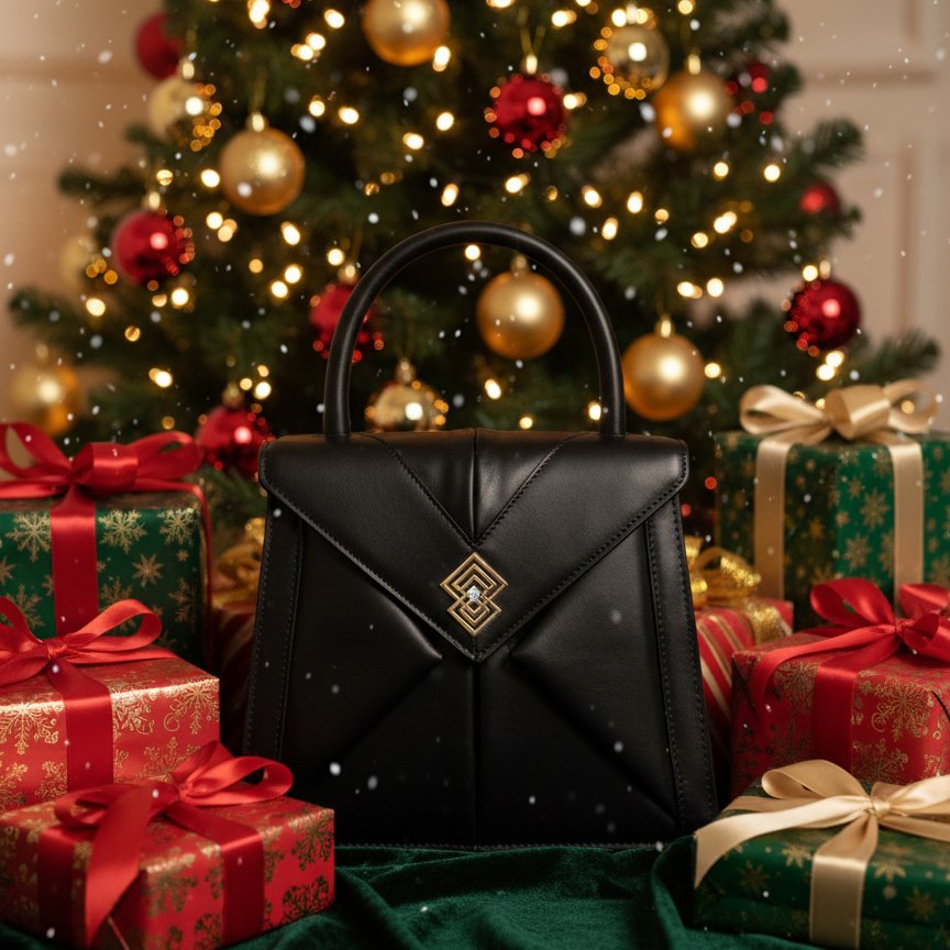 Magia black designer handbag by Mia Contessa, sculptural folds and gold logo, styled with champagne, candles, and festive Christmas decor.